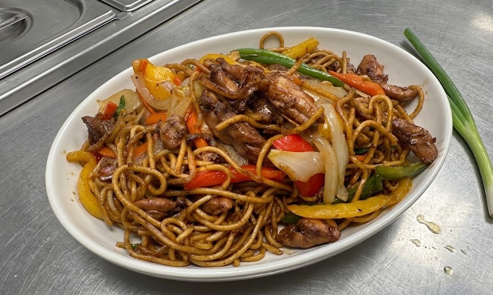 Black pepper chicken on noodles — Special B at Minh's Garden Saskatoon